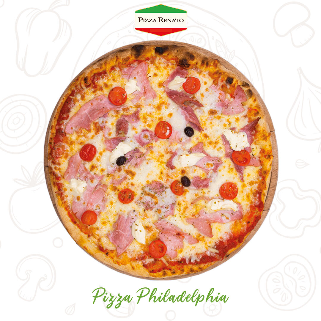 Tomates, fromage, jambon, tomates cerises, Philadelphia, olives et origan. 33 cm.