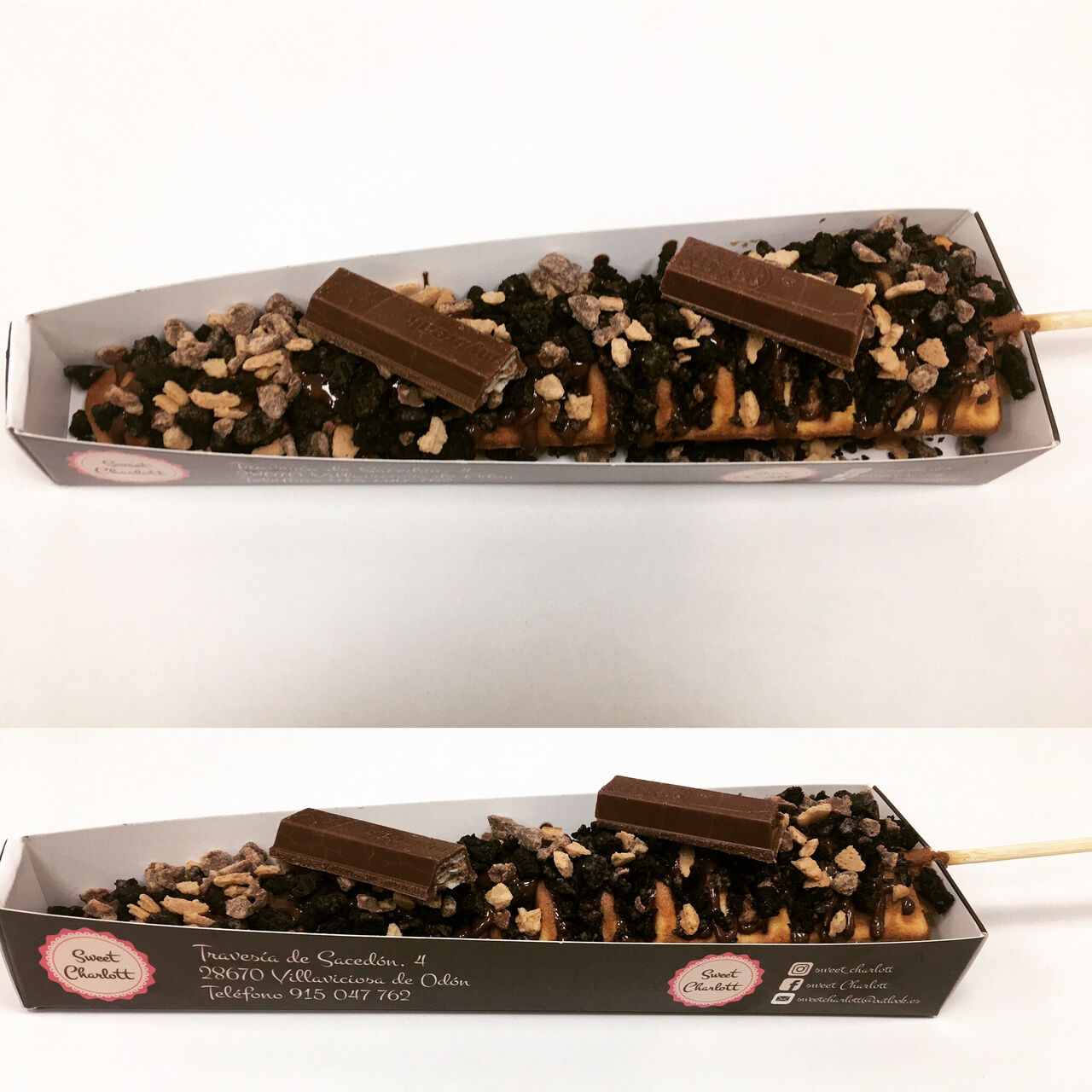 *GOFRE PIRULETA*
Con trocitos de galleta Oreo, Kit Kat y Nutella 