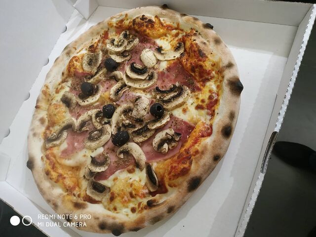 reine base tomate / mozzarella / jambon / champignons / origan / olives 