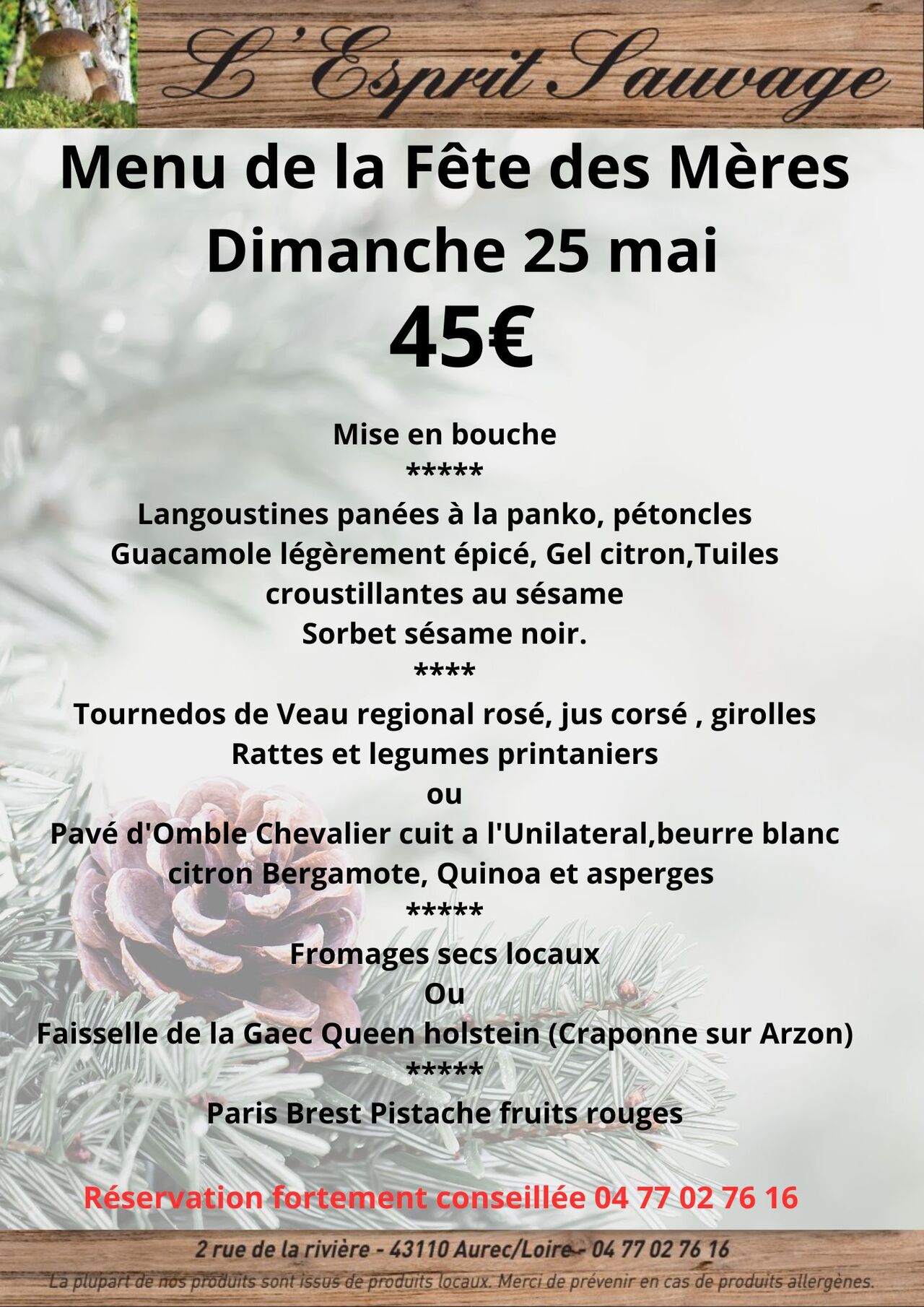 Menu Fête des Mères dimanche 25 Mai
