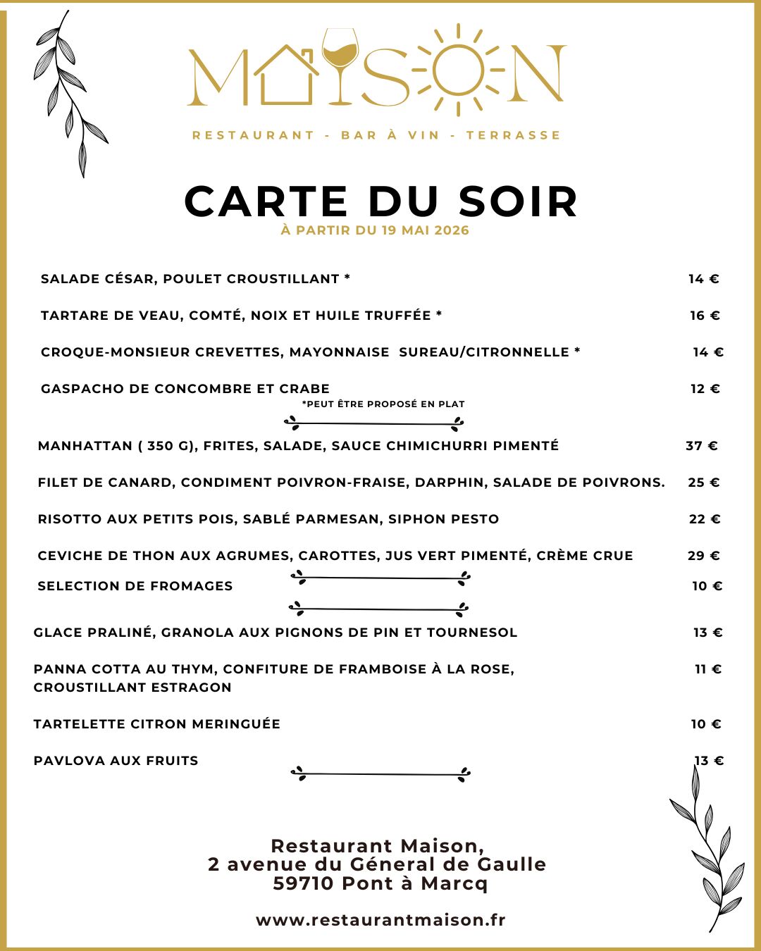 carte du soir à partir du 19 mai