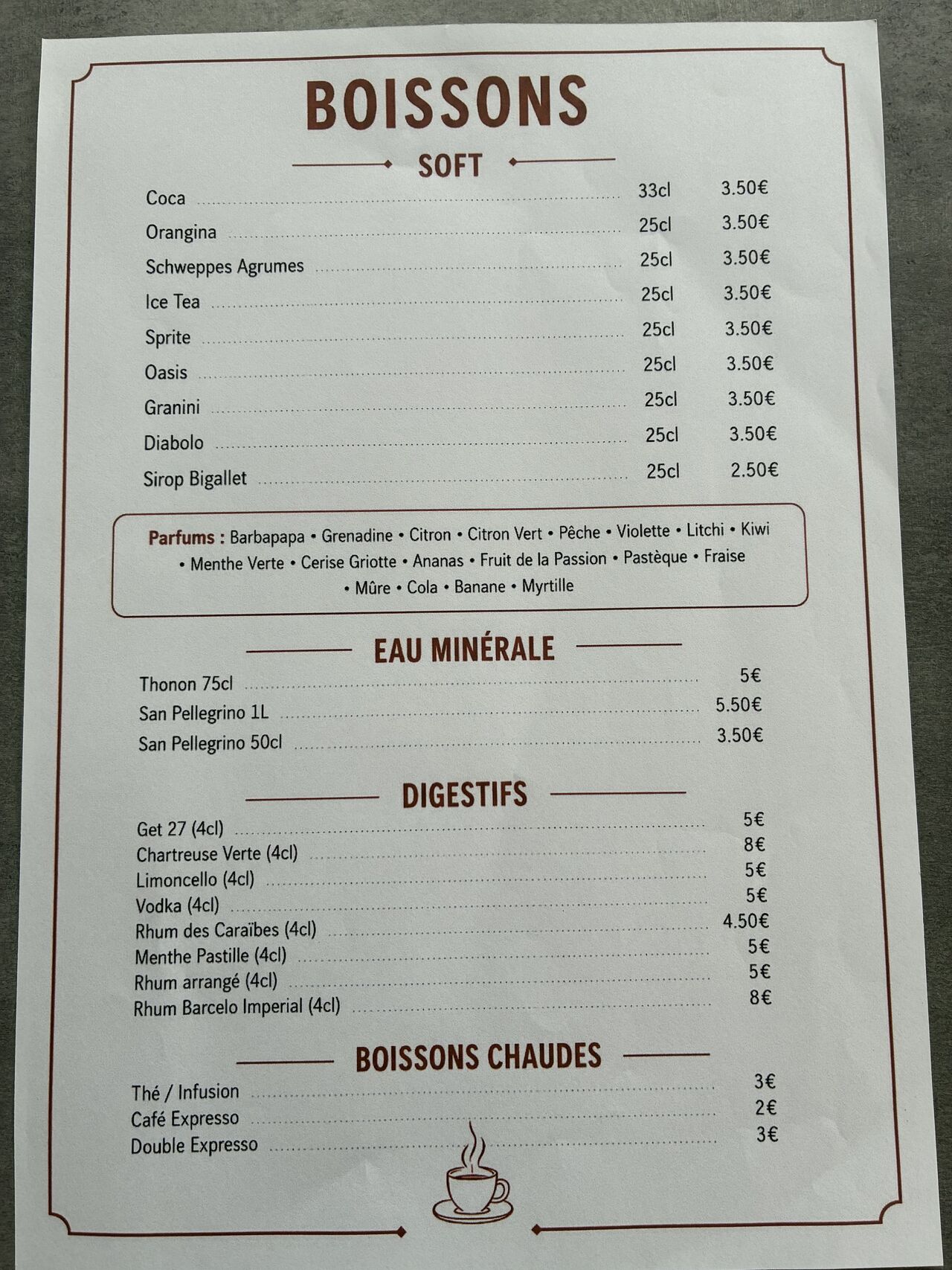 Carte des boissons 