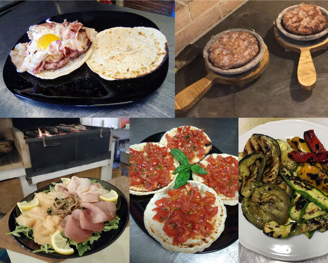 Occhio di bue con chiodo, carpaccio di pesce, panigacci bruschettati e verdure alla griglia