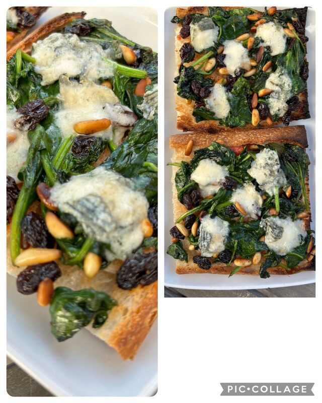 Espinacs, panses, pinyons i formatge blau