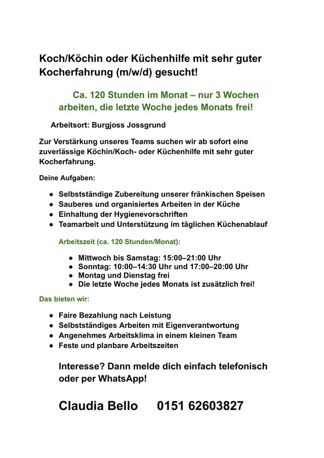 Koch/Köchin Gesucht oder Küchenhilfe mit guter Erfahrung
