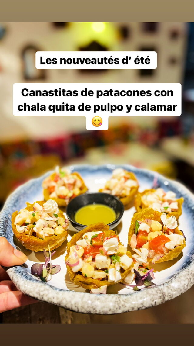 Canastitas de patacones con chalaquita de pulpo y calamar 
