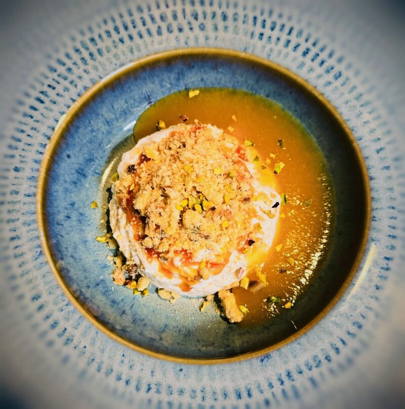 Riz au lait-crumble pistache amande-coulis abricot
