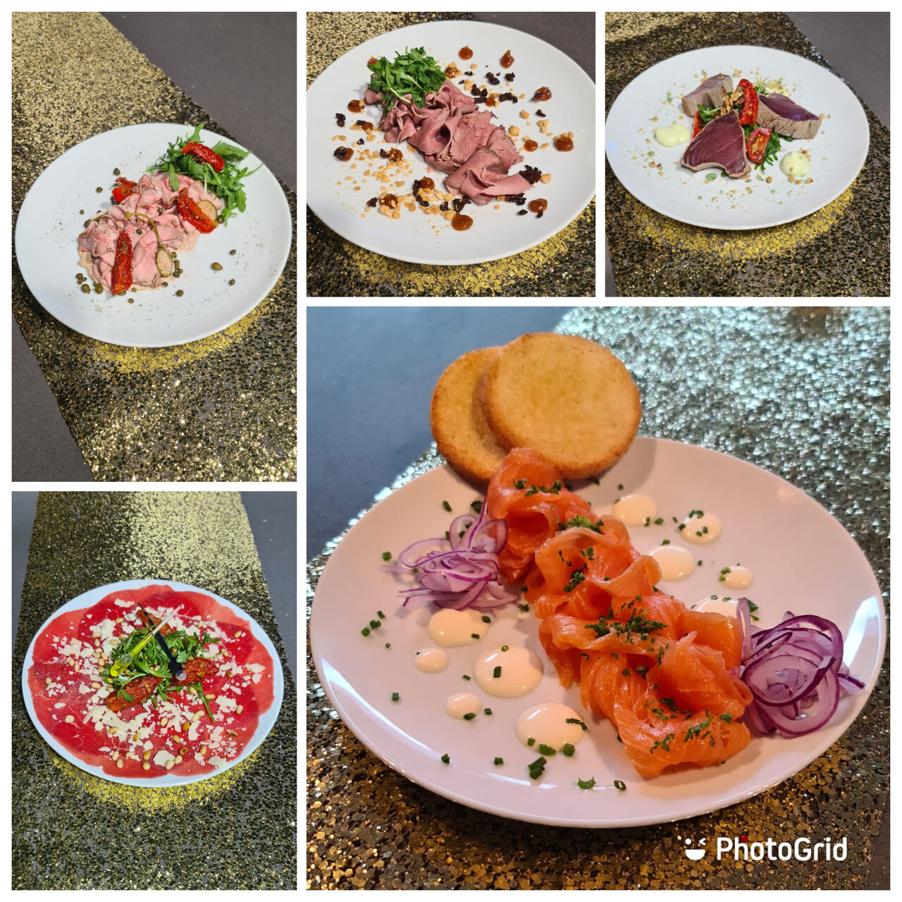 Vitello tonato,carpaccio,tataki tonijn,gerookte eendenkroos, toast gerookte zalm