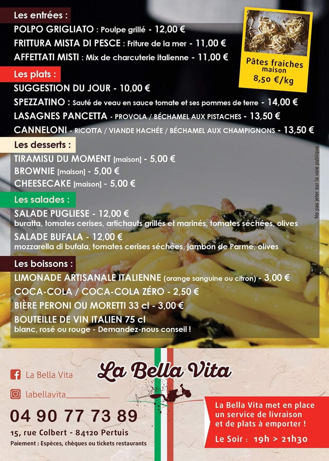 Carte plats à emporter ou livraison 