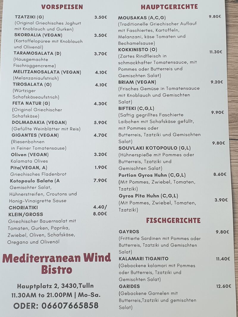 Unsere Speisen und Preis Liste für Lieferung od. Abholung