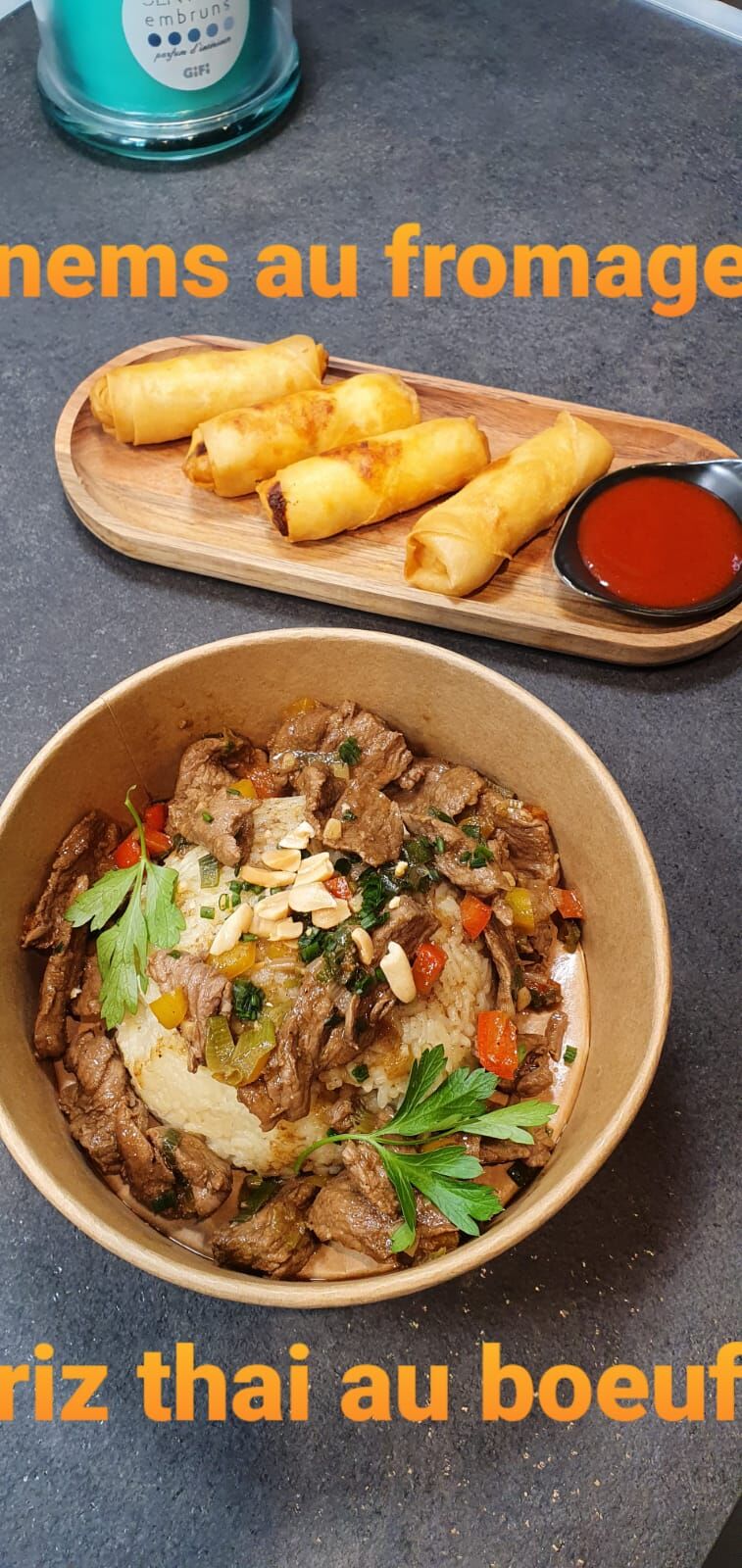 Nems au fromage et riz thai au bœuf 