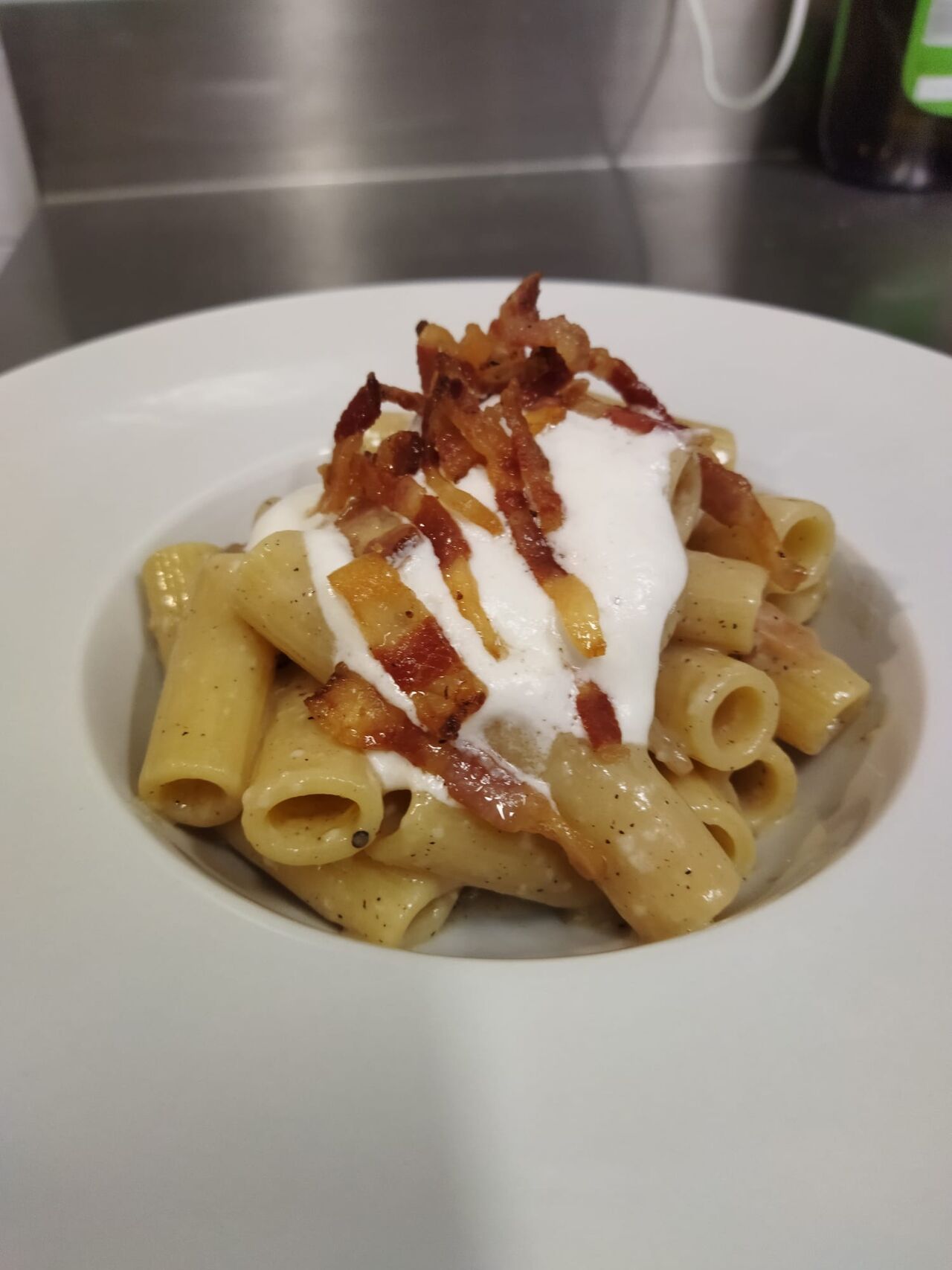 Grigia con spuma di pecorino e guanciale croccante 