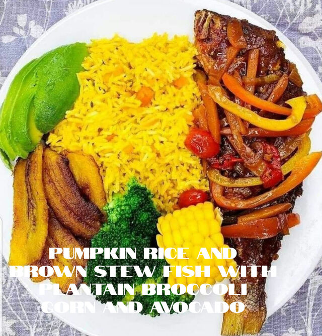 Riz potimarron avec poisson avocat et banane plantin 