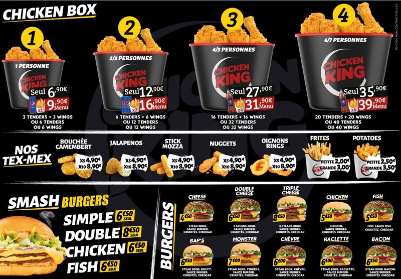 Nos buckets / nos burgers / Nos Smash burger / nos TexMex