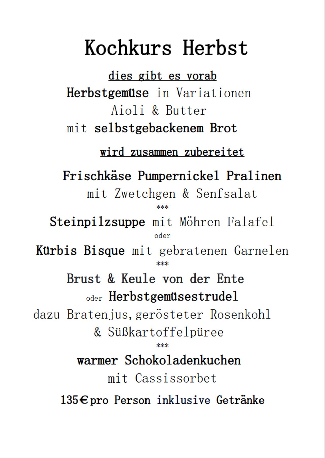 Kochkurs Herbst/Vorweihnachtszeit