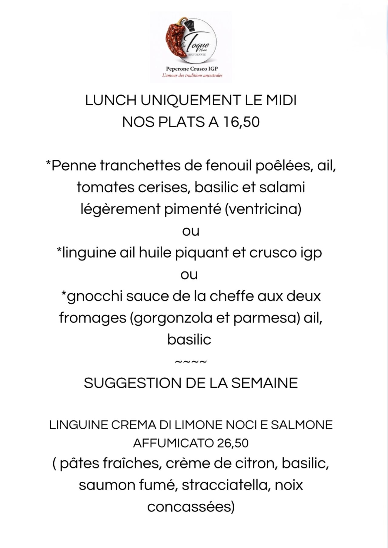 Lunch et suggestion de la semaine