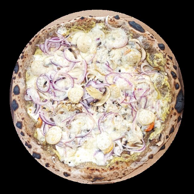 Avril La Capesante - base crème poireaux maison, mozza, champignons, oignons rouges, noix de St Jacques, provolone