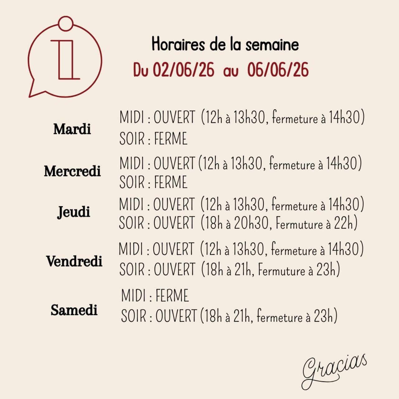HORAIRES RESTAURANT