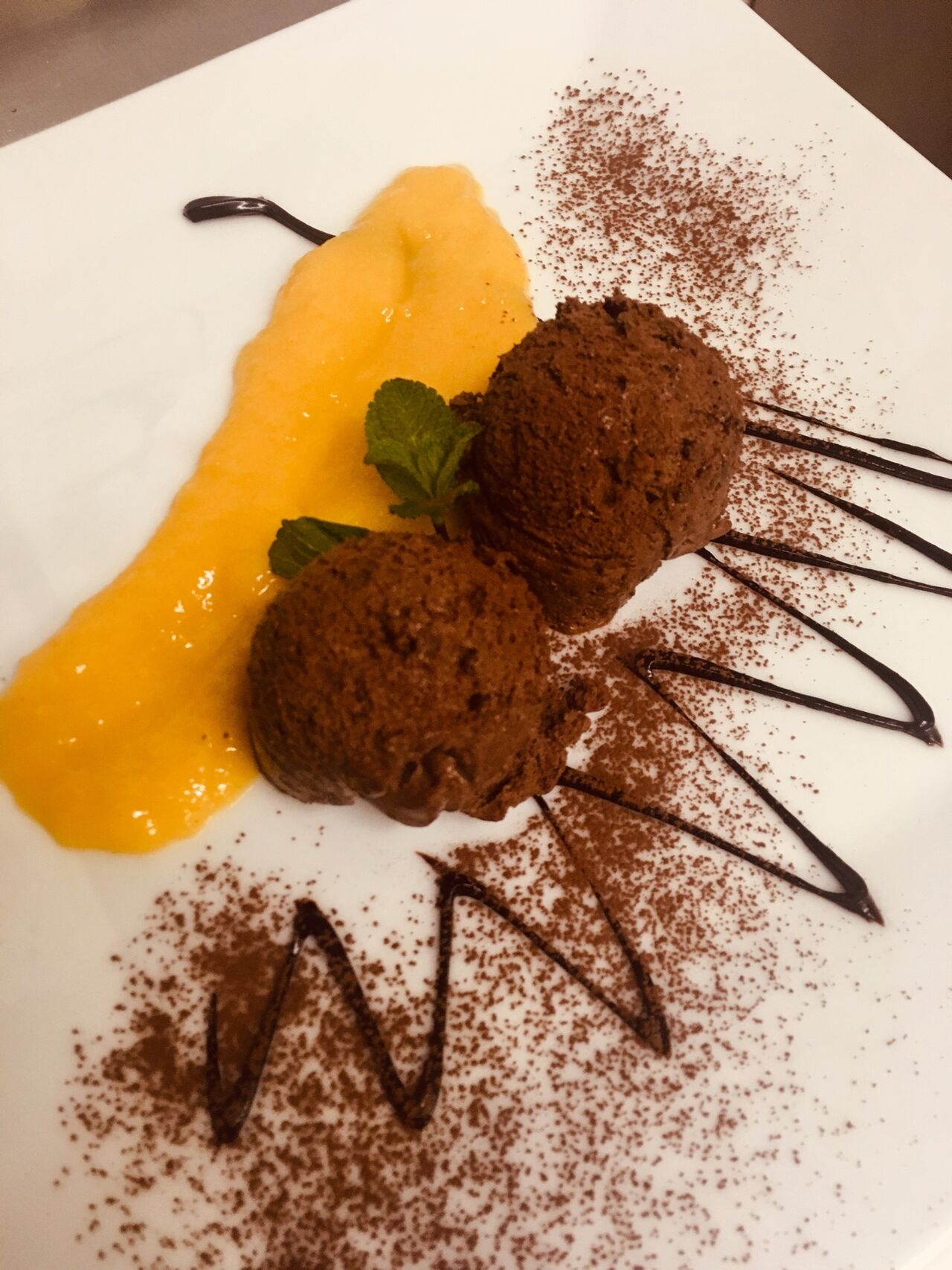 Mousse au Chocolat an Mangocoulis