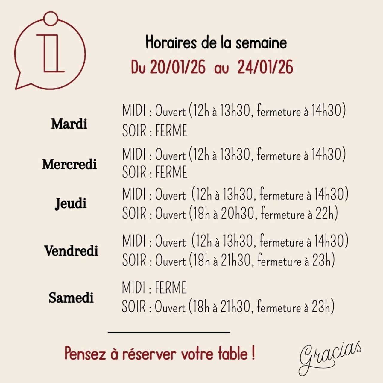 HORAIRES RESTAURANT