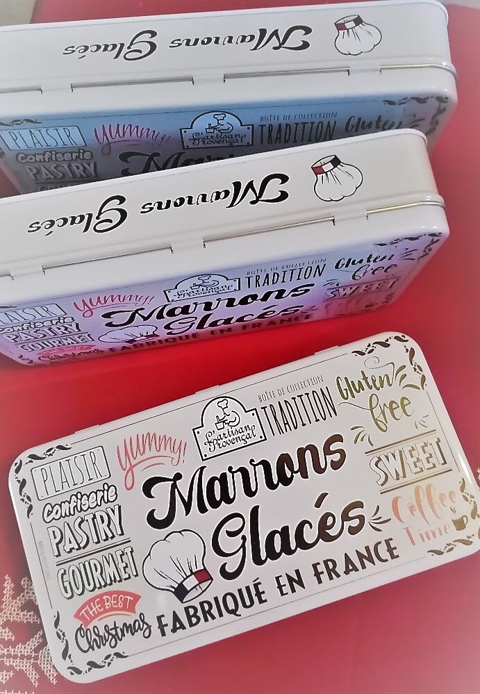 Marrons glacés (8) sous vides marque française sans gluten boîte en fer. Fabrication artisanale.