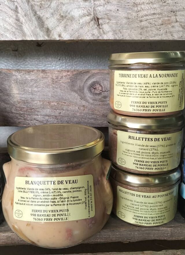 Conserves de veau. Fabriqué avec notre viande de veau ( Blanquette, terrine à la normande, rillettes,...)