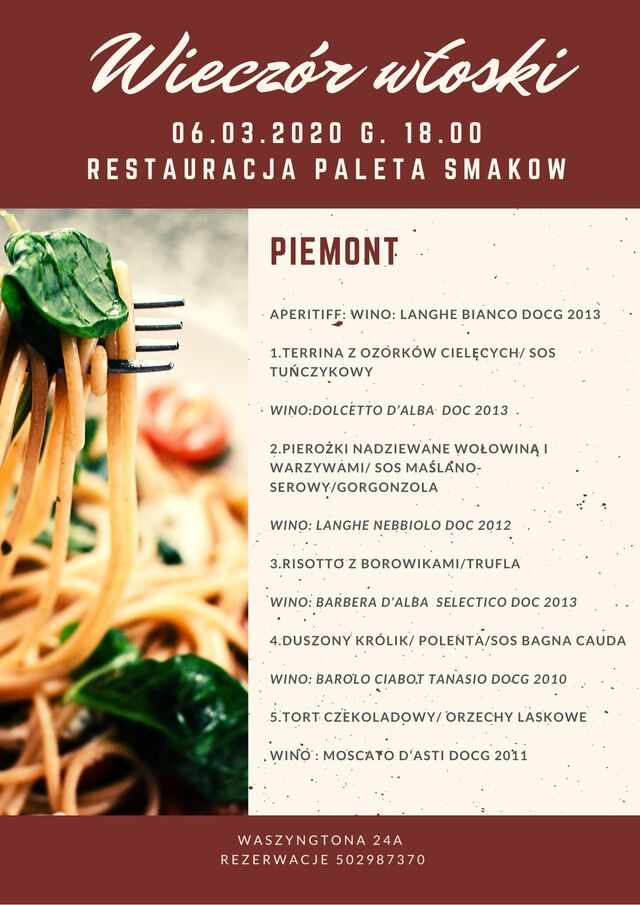 06.03.2020 WIECZÓR WŁOSKI W RESTAURACJI PALETA SMAKÓW !
Edit: brak wolnych miejsc :) 
