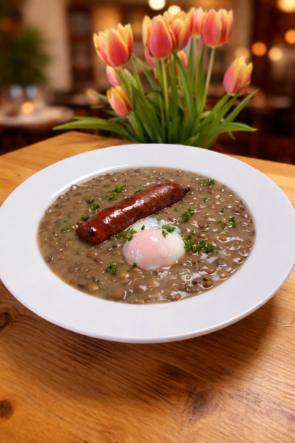 Jemný šošovicový prívarok s klobáskou a poširovaným vajíčkom