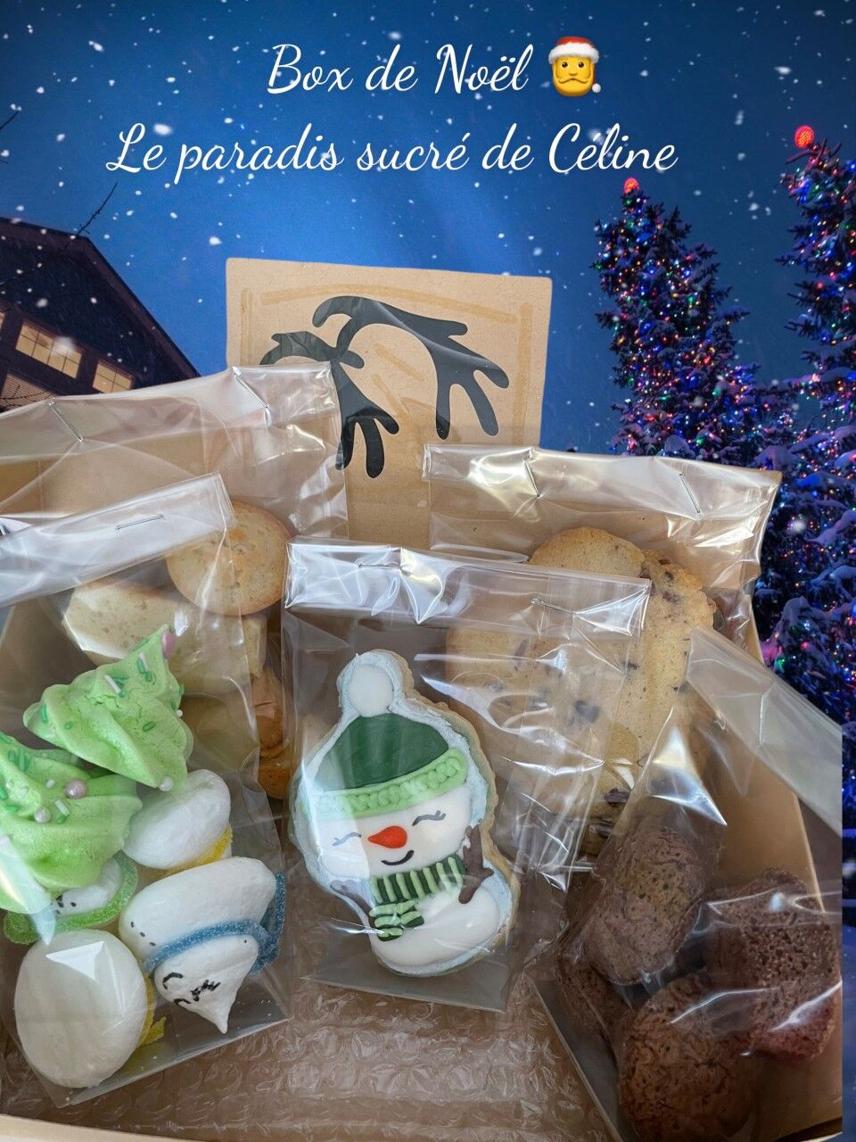 Box pour Noël composé de :
- 2 sablés a la vanille,
- muffins au chocolat
- financiers
- meringues
-cookies
20 Euros

