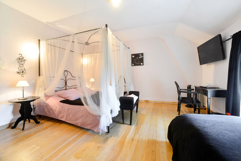 Chambre Double, 100 €/nuit, 15m² pour 2P, vue sur le jardin et salle de bain avec baignoire, un canapé-lit.