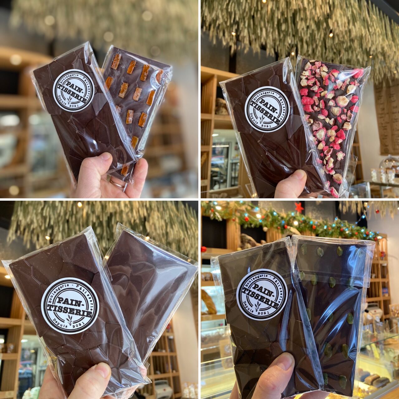 Nos tablettes au chocolat noir 62%:
- écorces d’orange
- pralines rouges
- natures
- pistaches
