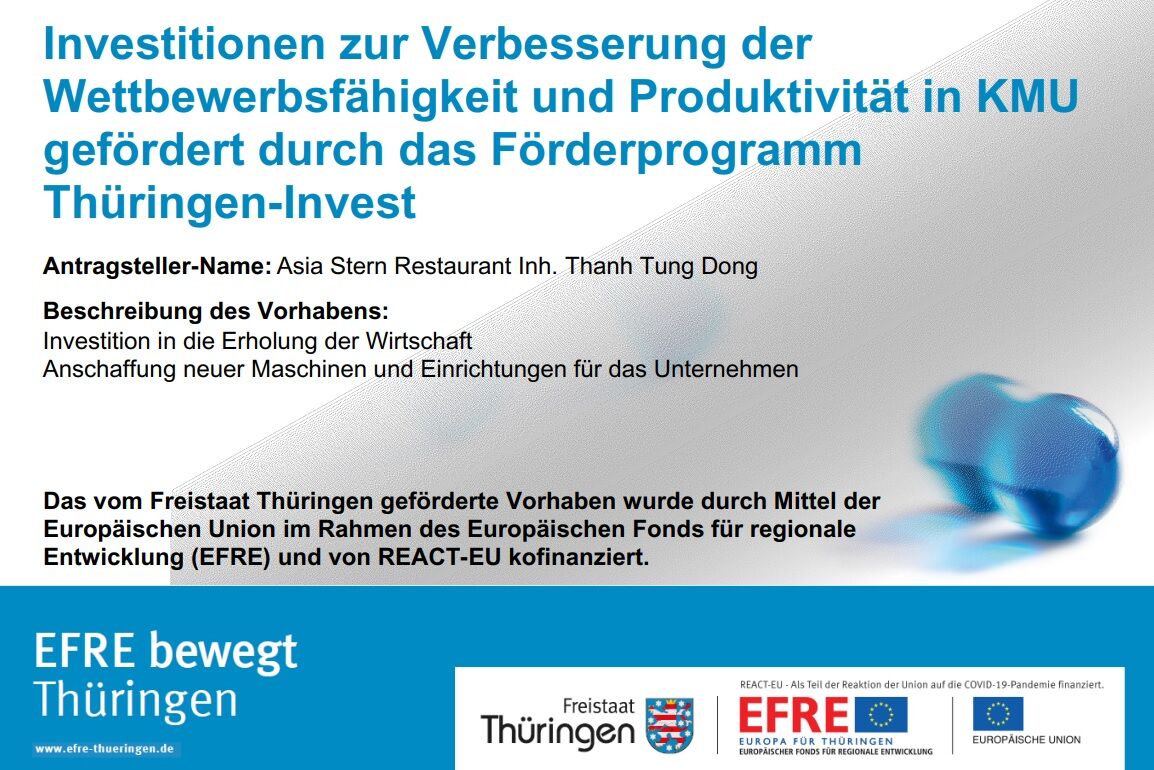 Besuchen Sie bald unser neues Restaurant in Bad Langensalza, Marktstraße 3. Wir werden unterstützt von der Thüringer Aufbaubank.