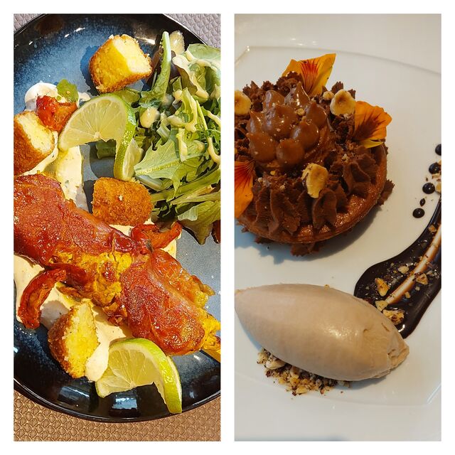 Restaurant Les Jardins du Trieux : présentation de plat et dessert