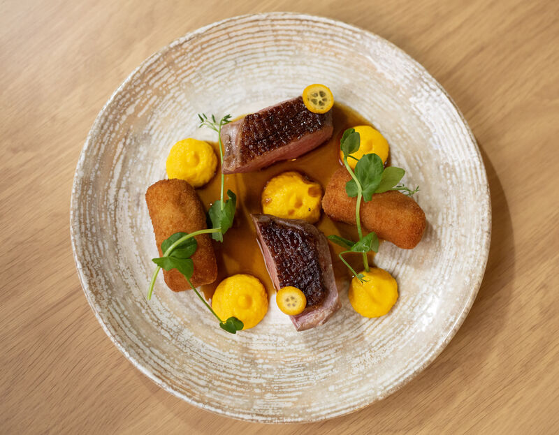 Magret de canard, fondant de pommes de terre aux éclats de châtaignes, purée de carottes et jus de canard