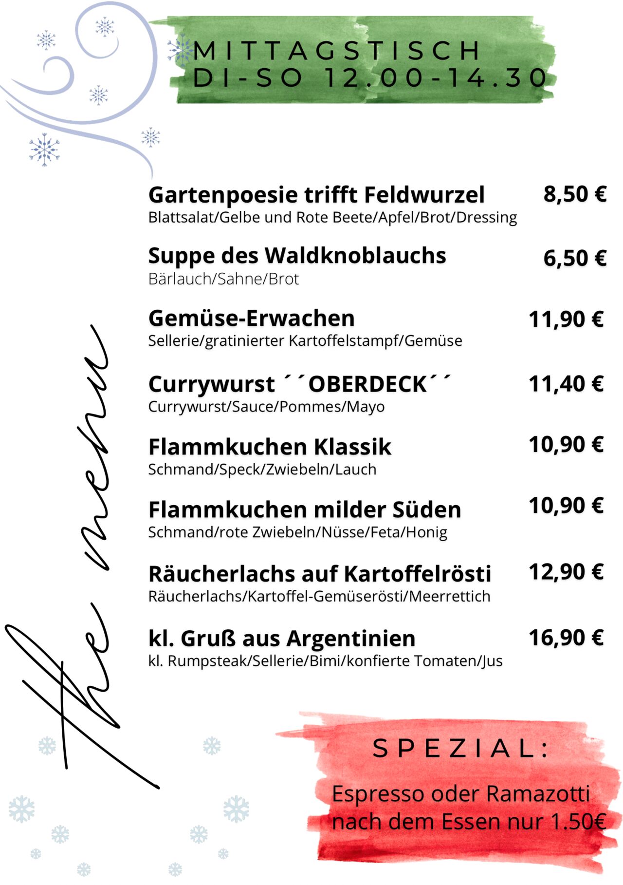 Mittagskarte im Café Kunstpause