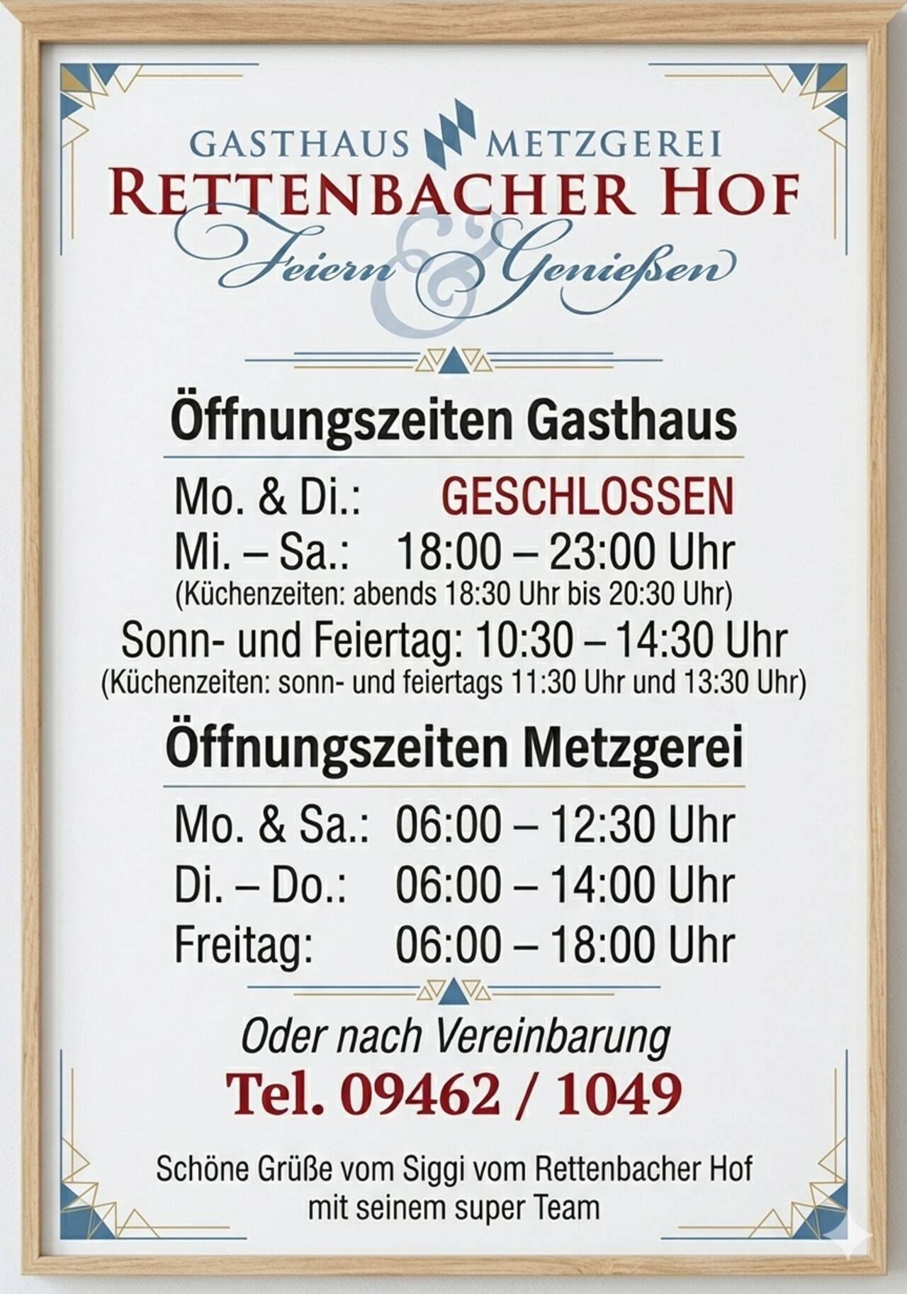 Öffnungszeiten, Gasthaus und Metzgerei