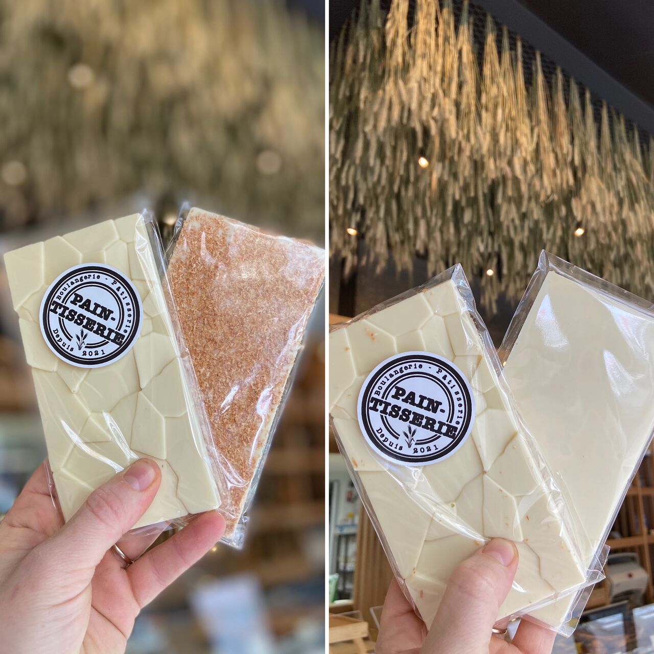 Nos tablettes chocolat blanc 34%:
- coco
- nature