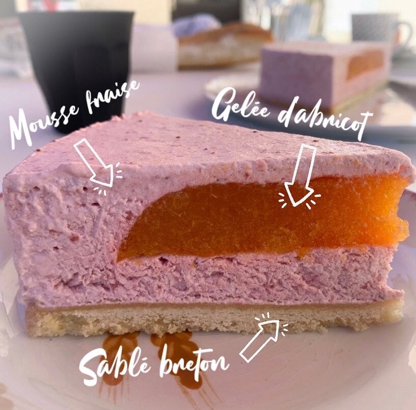 • ENTREMET FRAISE / ABRICOT •
Sablé breton, mousse à la fraise et insert à l'abricot.