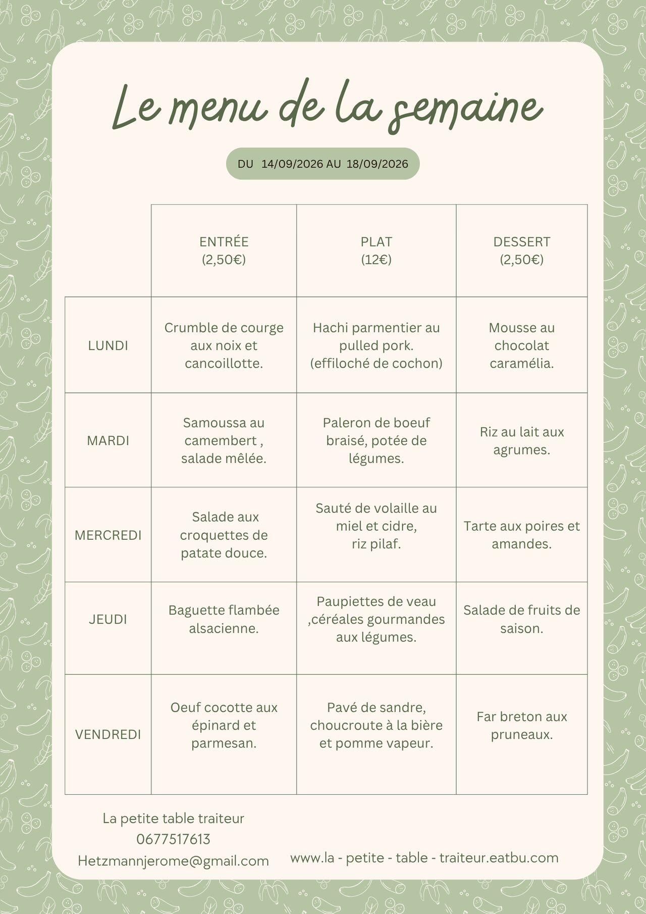 Menu du 14 au 18 septembre 2026.