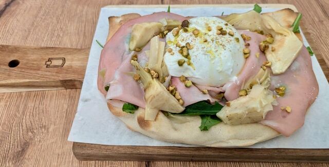 Pinsa with Mortadella and Burrata