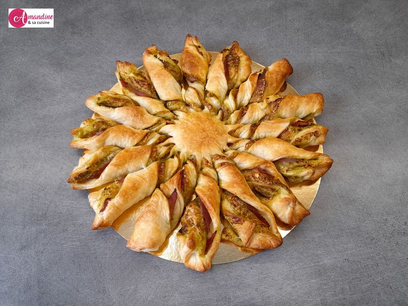 Tarte soleil au pesto verde, emmental, jambon