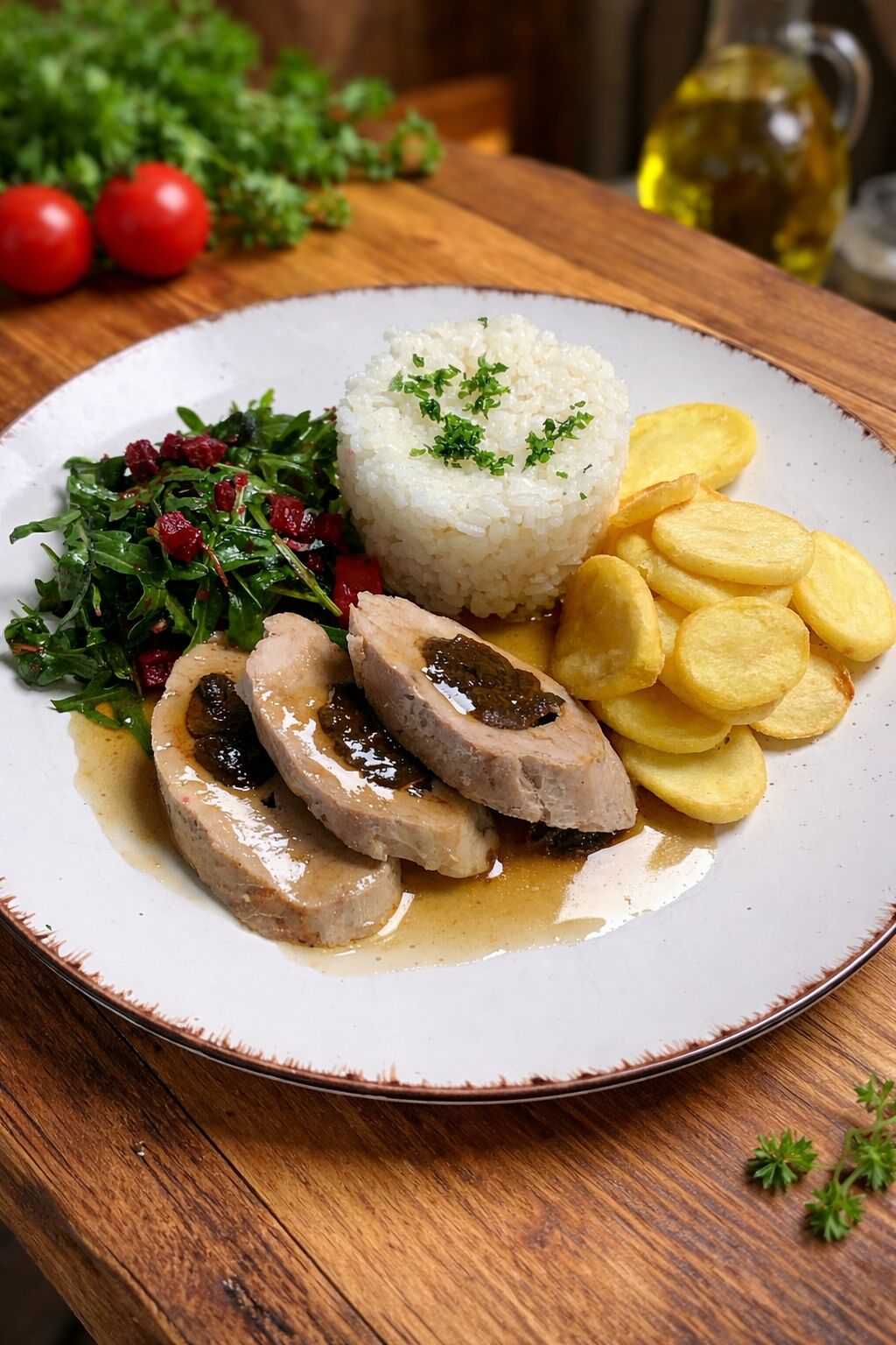 Bravčová panenka plnená sušenou slivku s ryžou a zemiakovými dukátmi