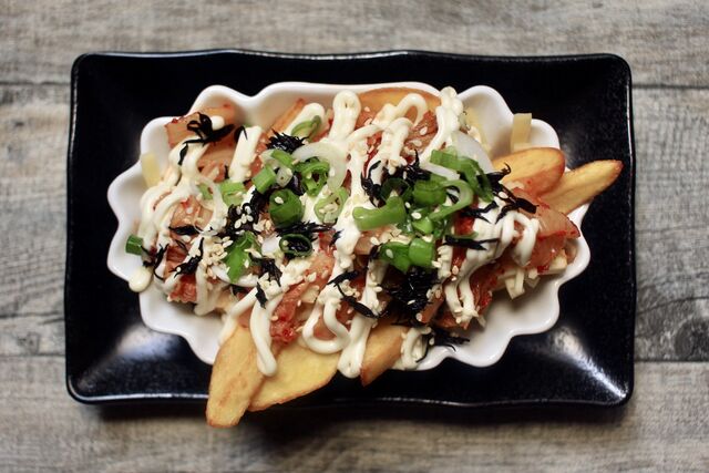 Kimchi Fries - loaded fries with Kimchi, Cheese and Seaweed
