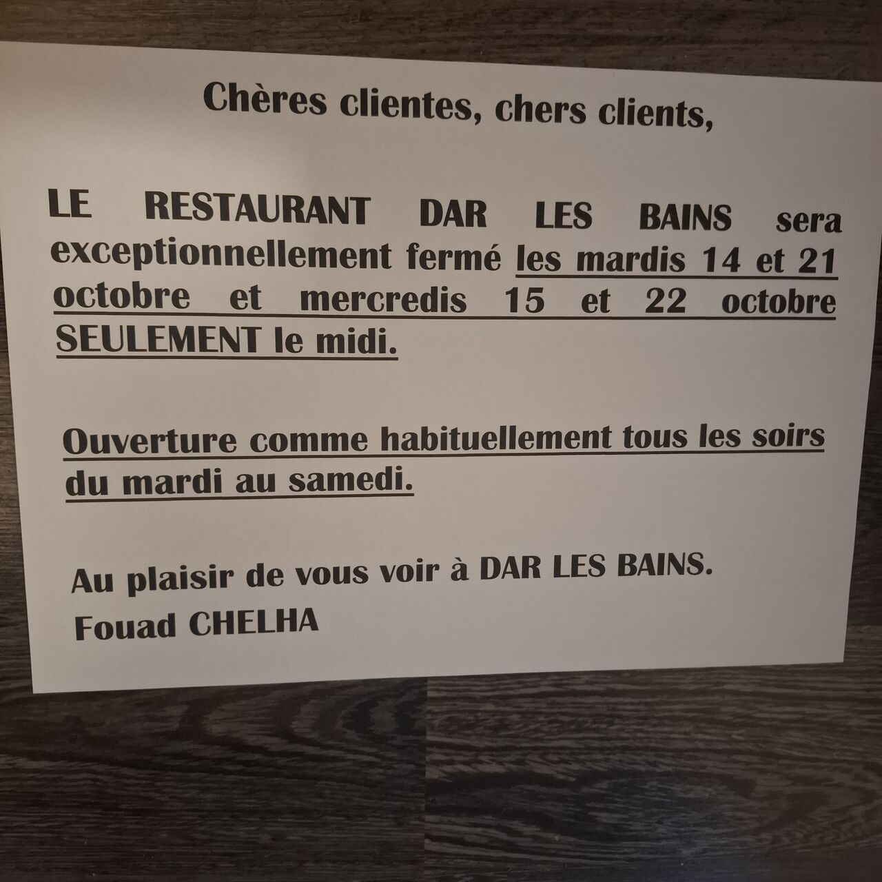 Fermeture mardis et mercredis midi