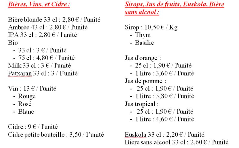 Bières, Vins, Cidres, Sirops, Jus de fruits, Euskola et Bière sans alcool