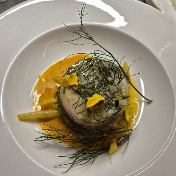 Sébaste en gelée aux herbes fraîches, vinaigrette de carottes
