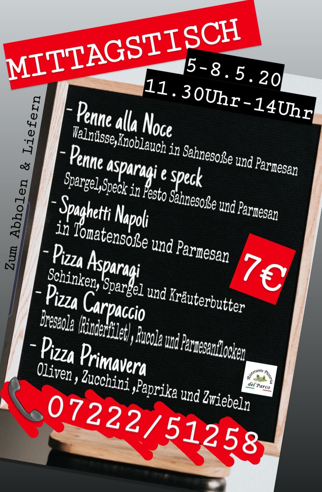 Mittagstisch
12-15.5.20
11.30Uhr-14Uhr
Zum liefern & abholen