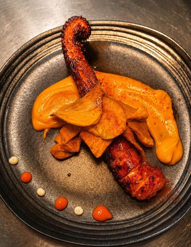 pulpo soasado con boniato en textura