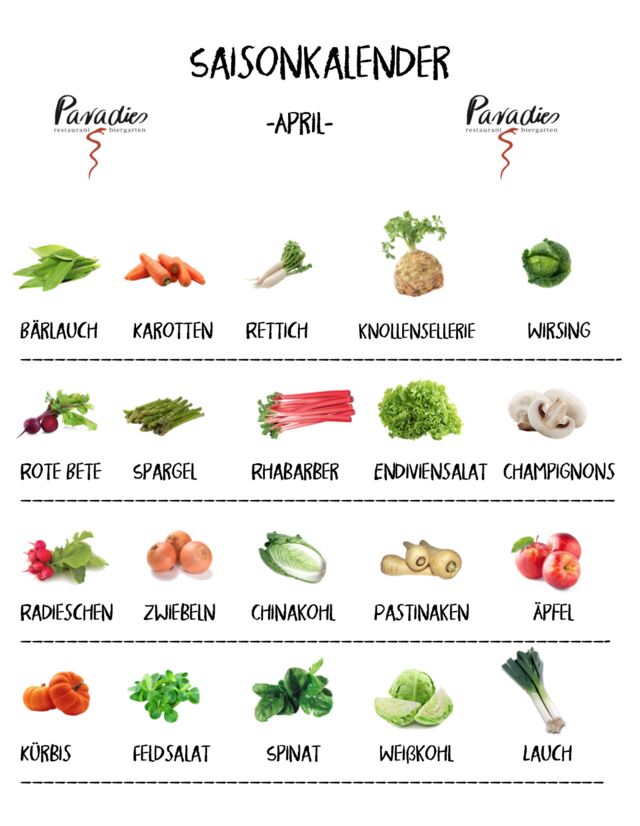 Saisonkalender für April
Pa: Kartoffeln haben natürlich auch noch Saison, hätte aber die Optik zerstört 😄