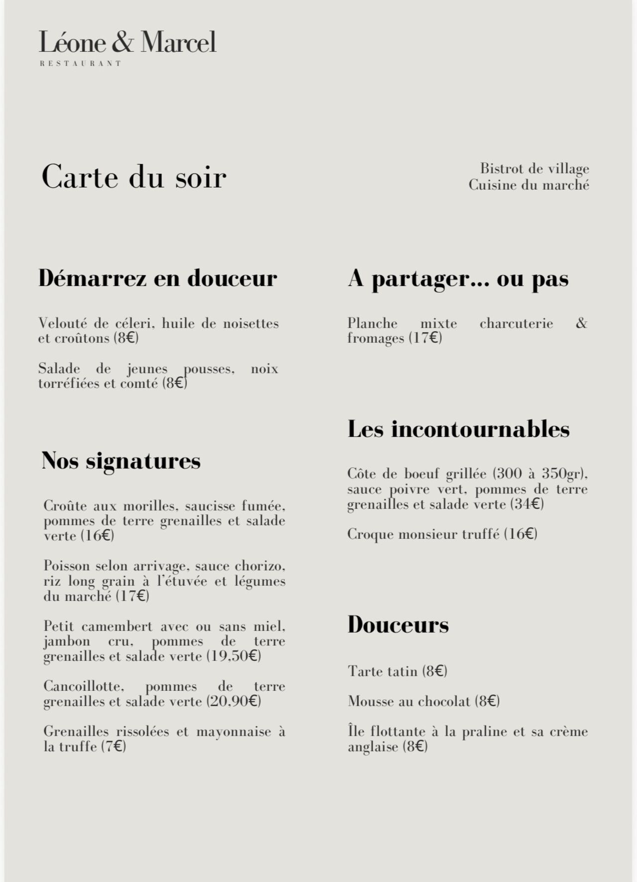 CARTE DU JEUDI 26 FÉVRIER SOIR ET VENDREDI 27 SOIR